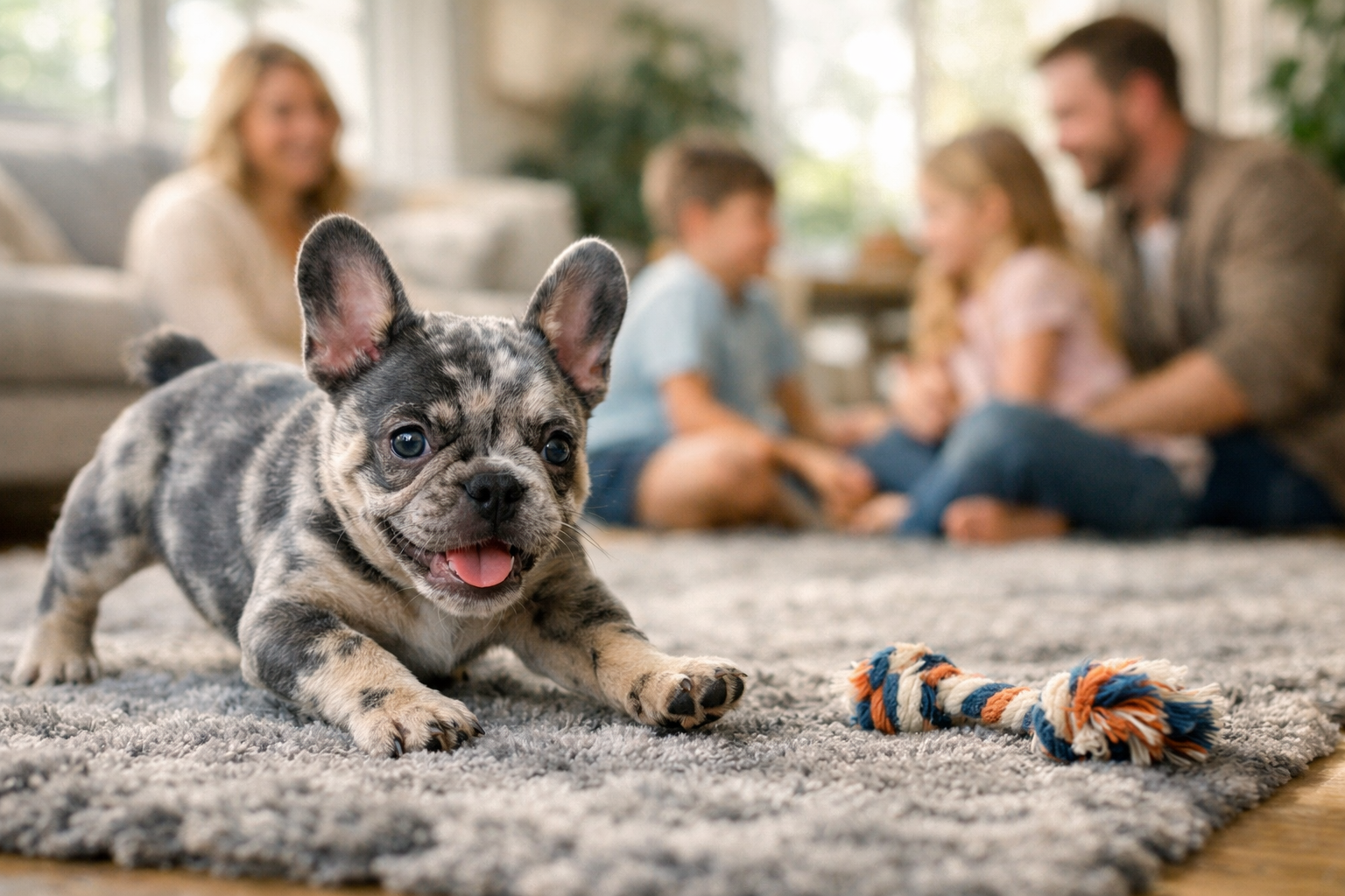 () lifestyle photo of a blue merle French Bulldog puppy playing indoors in a modern, bright living room with natural light