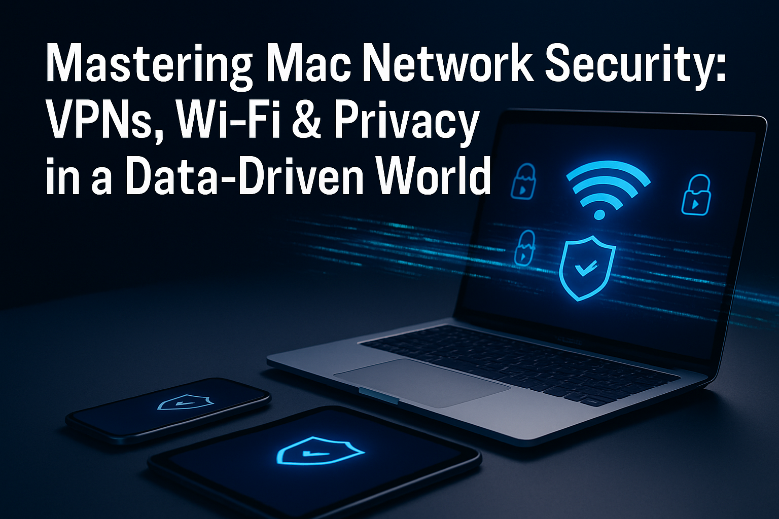 Professional landscape hero image (1536x1024) featuring bold white text overlay 'Mastering Mac Network Security: VPNs, Wi-Fi & Privacy in a 