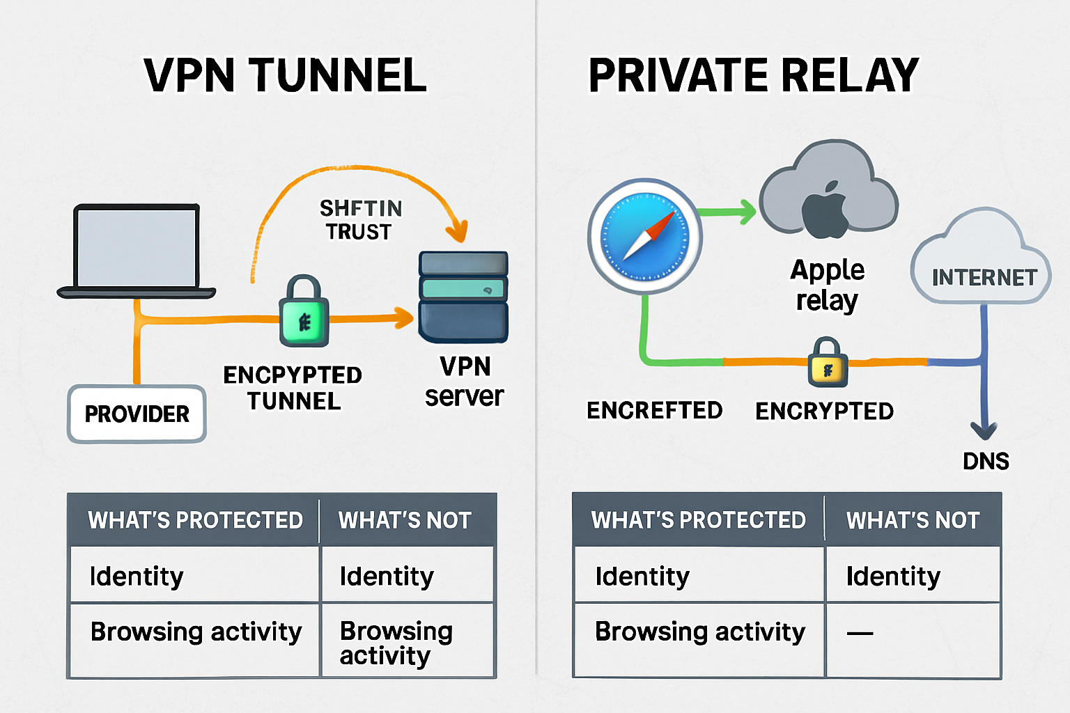 Comprehensive comparison diagram (1536x1024) illustrating VPN tunnel concept versus Apple Private Relay architecture with side-by-side visua
