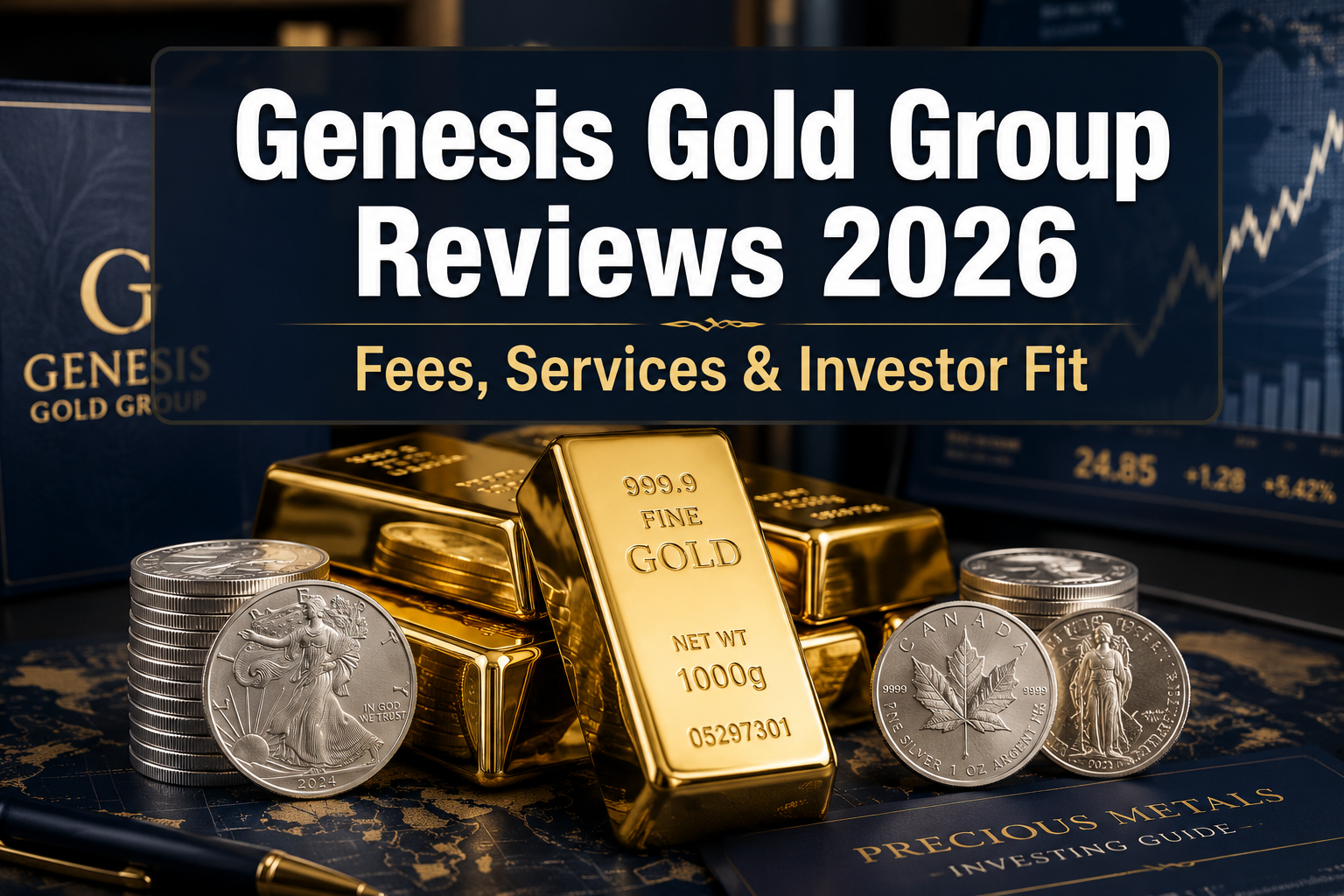 Professional () hero image with : 'Genesis Gold Group Reviews 2026' in extra large white with dark drop , centered upper