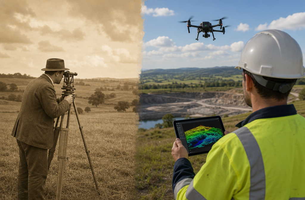 Wide-angle () showing a split-scene composition: left half depicts a traditional surveyor with a theodolite on a green field