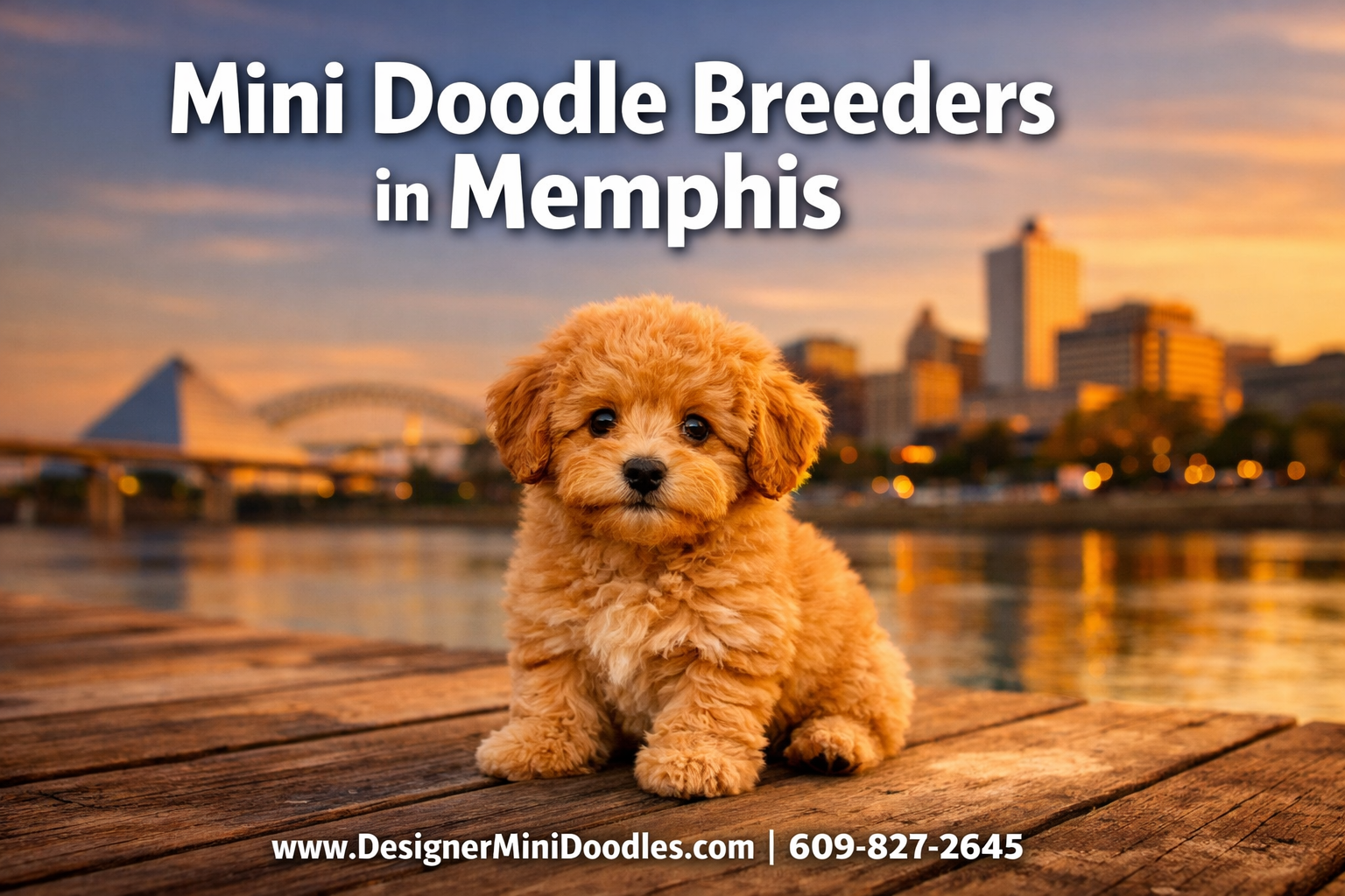 Professional () hero image with : 'Mini Doodle Breeders in Memphis' in extra large white with dark drop , centered upper