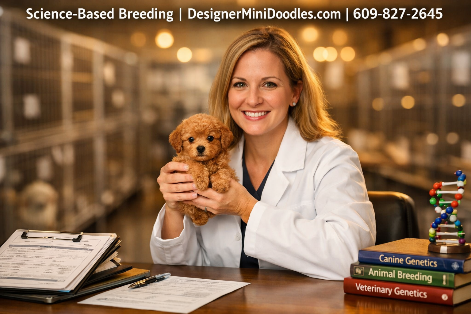 () editorial image showing a professional animal biologist in a clean, holding a tiny apricot micro mini goldendoodle puppy
