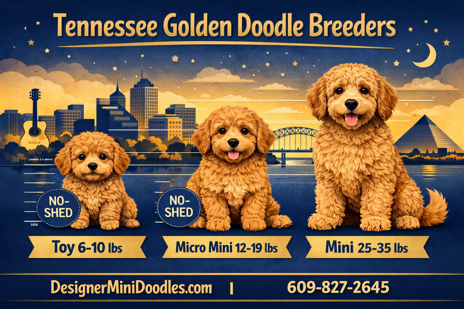 () infographic-style image showing a size comparison chart of three goldendoodle sizes side by side: Toy (6-10 lbs), Micro