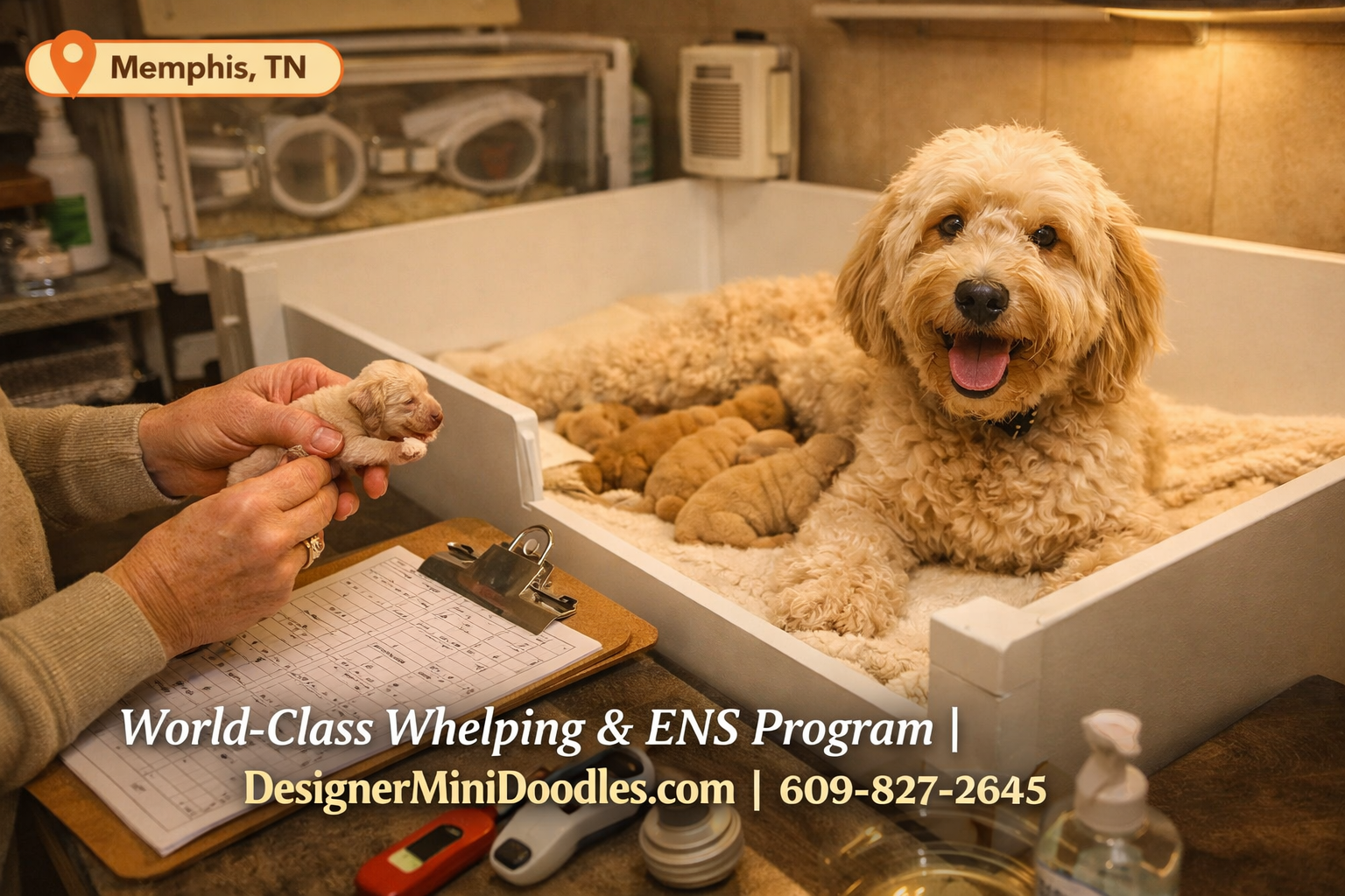 () warm editorial photo of a professional whelping room with a mother goldendoodle and newborn puppies in a clean,