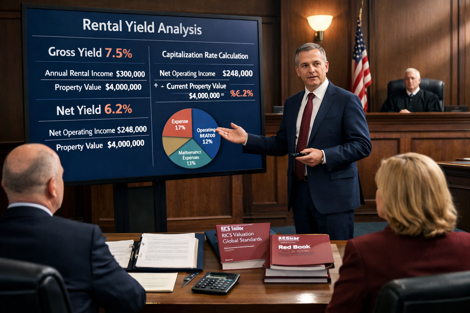 Detailed () image showing professional expert witness in formal business attire presenting valuation evidence in modern