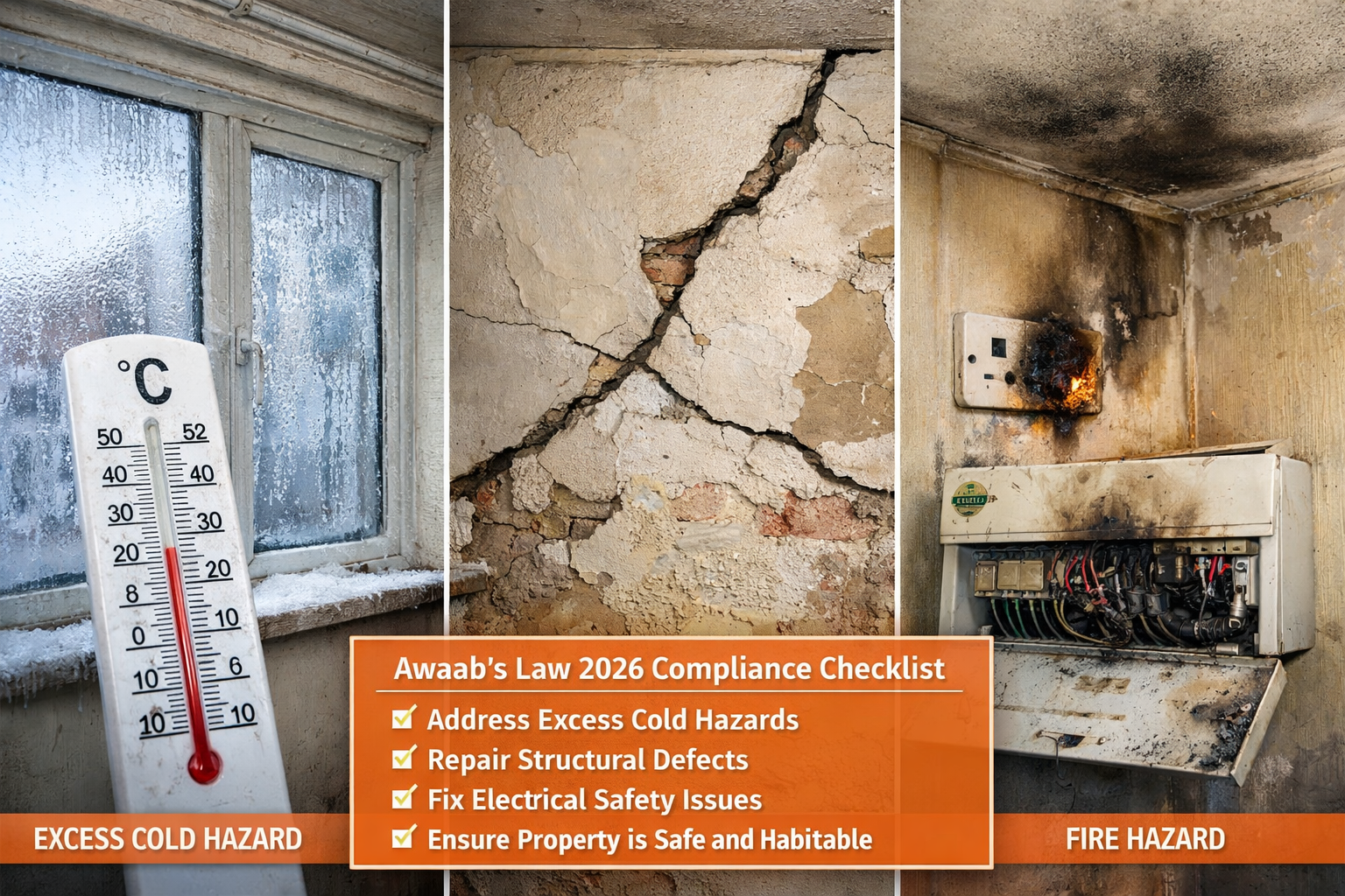 Wide-angle interior photograph of a deteriorating private rental property showing three distinct hazard zones side by side: