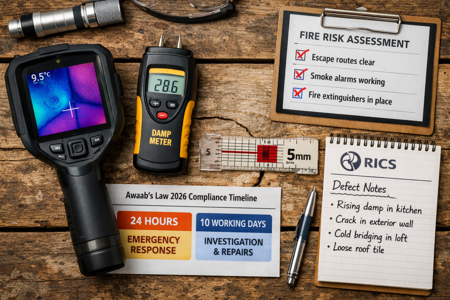 Close-up overhead flat-lay photograph of a RICS Level 3 building survey inspection toolkit spread on a weathered wooden