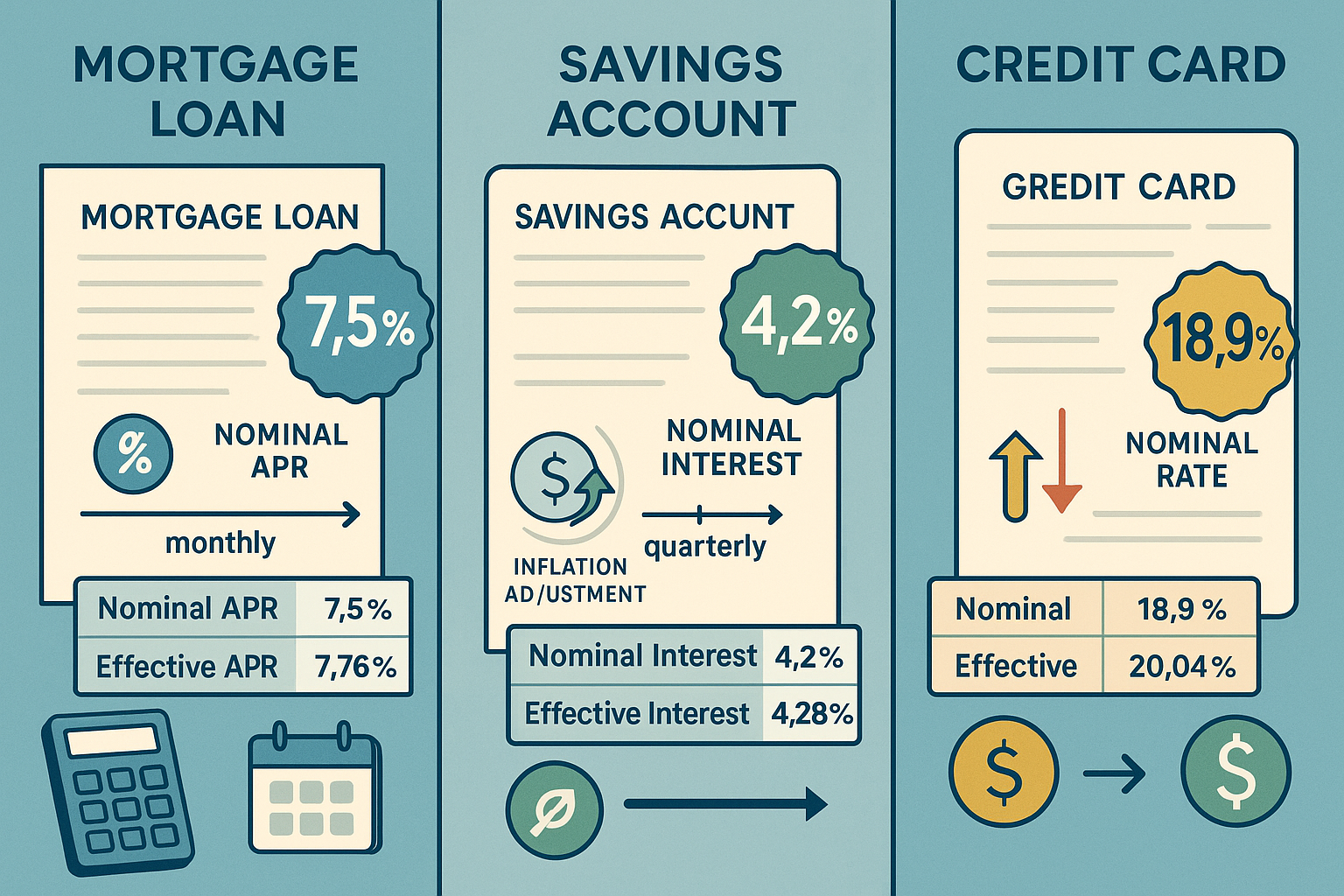 Detailed landscape comparison illustration (1536x1024) showing real-world nominal interest rate examples across different financial products