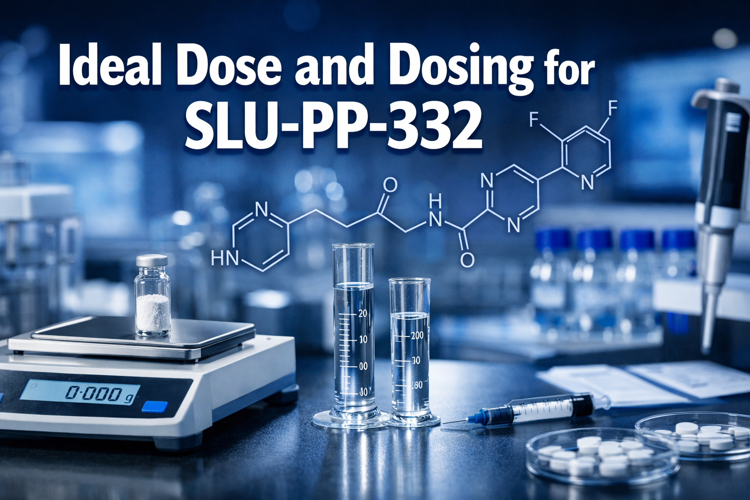 Professional landscape hero image (1536x1024) featuring bold text overlay 'Ideal Dose and Dosing for SLU-PP-332' in extra large 72pt white s