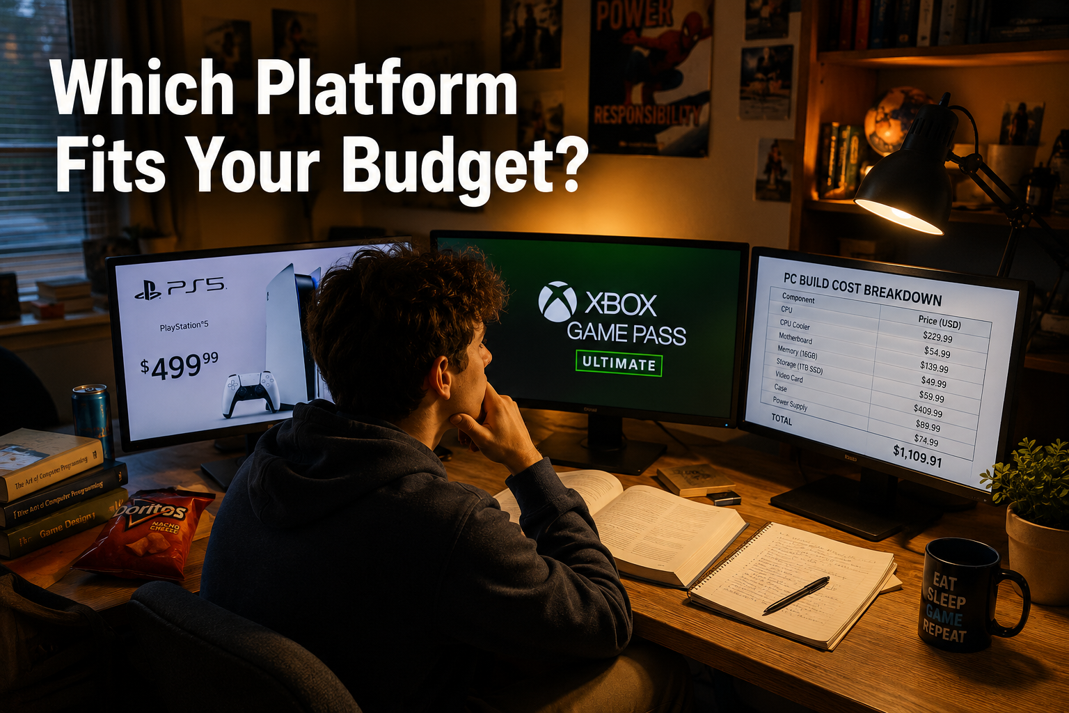Detailed () showing a college student at a desk with three screens: one displaying PS5 price tag ($499), one showing Xbox