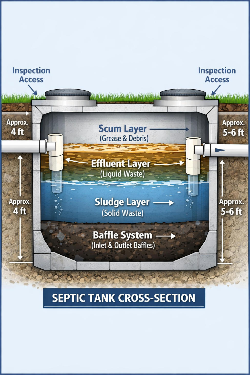 Portrait format (1024x1536) detailed infographic-style illustration showing septic tank cross-section with labeled components including inle