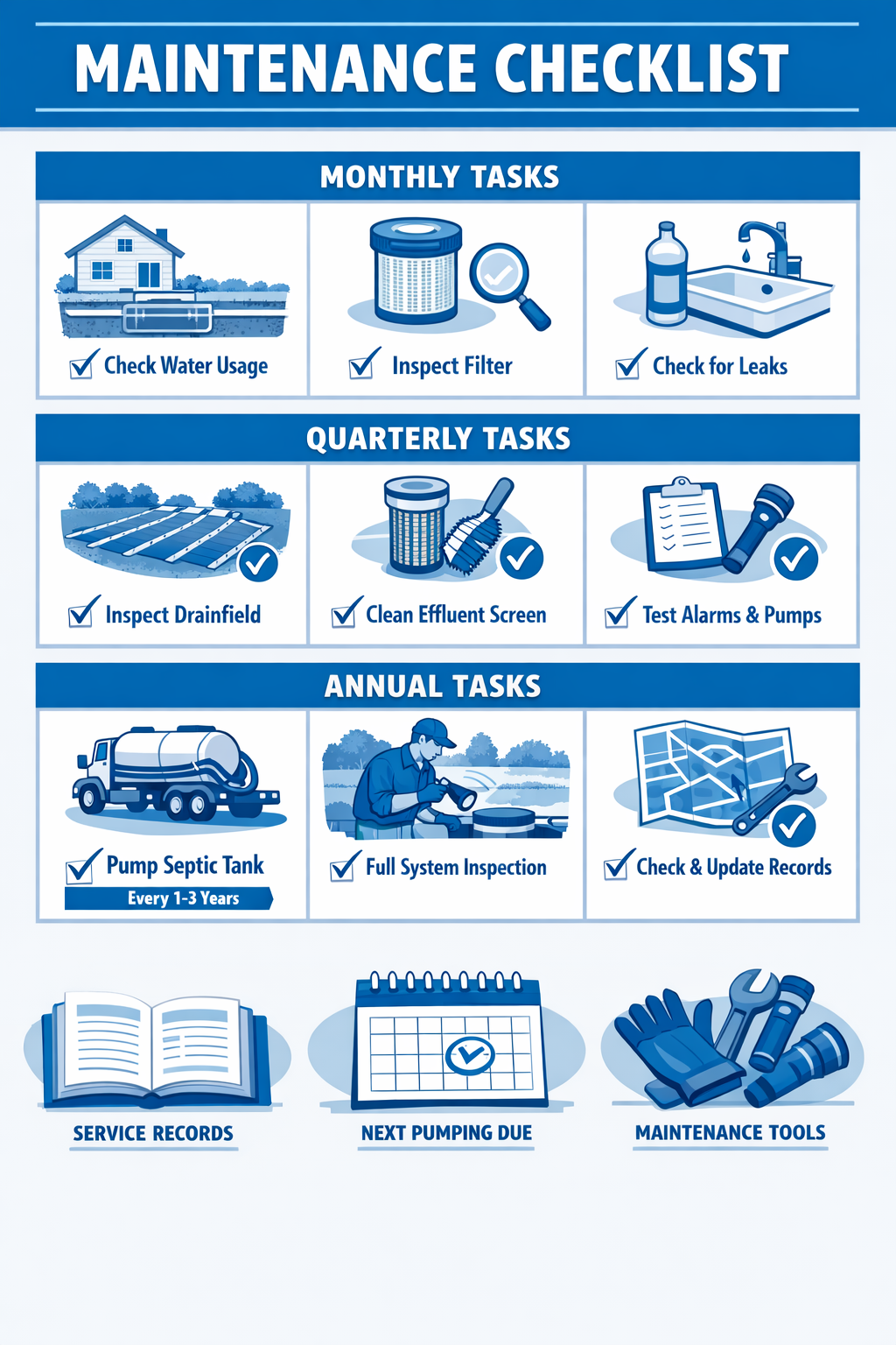 Portrait format (1024x1536) visual checklist layout showing monthly, quarterly, and annual maintenance tasks represented through icons and i