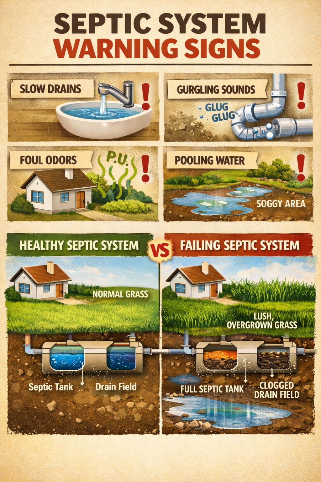 Portrait format (1024x1536) illustration showing common septic system warning signs including slow drains, gurgling sounds visualization, od