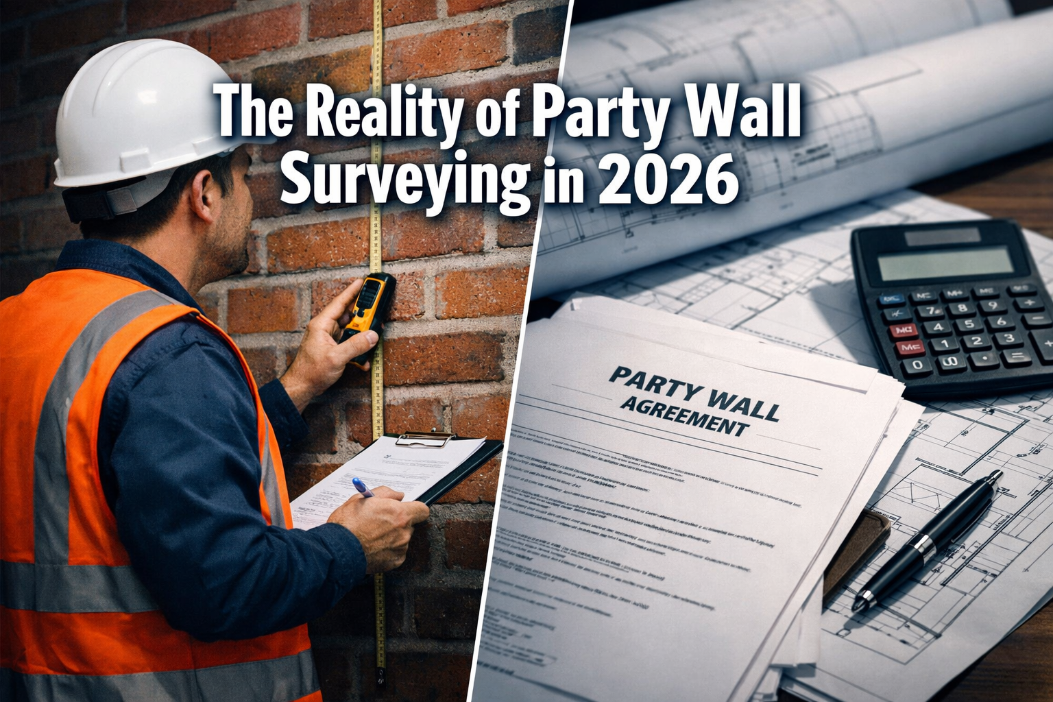 Professional () editorial hero image with 'The Reality of Party Wall Surveying in 2026' in extra large white with dark