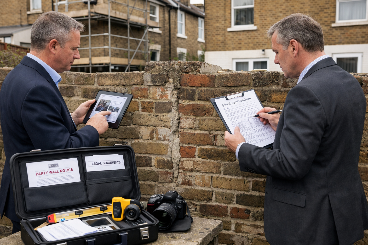Detailed () scene showing two professional surveyors in business attire standing on opposite sides of a residential property