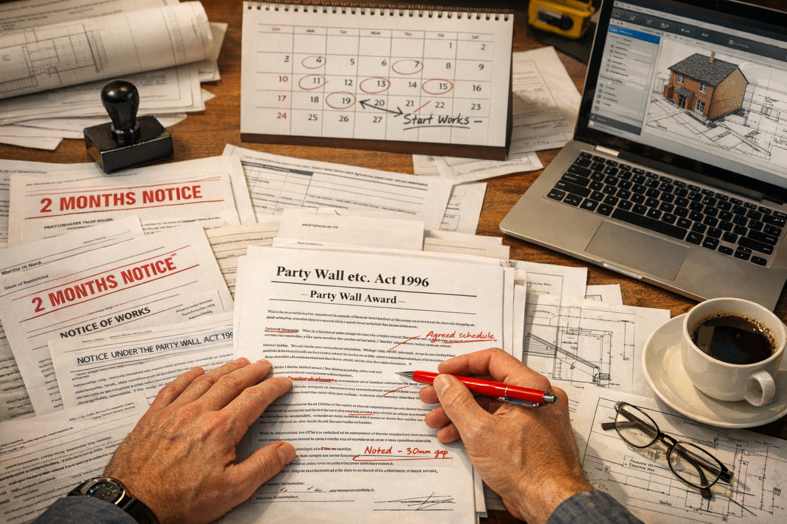 Detailed () close-up workspace scene showing surveyor's desk covered with multiple party wall awards, legal notices, and