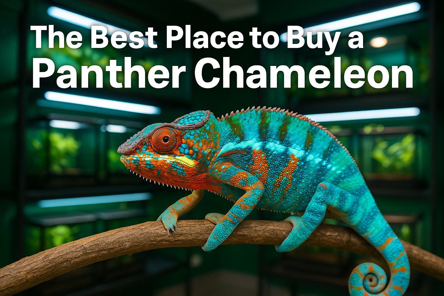 Professional landscape hero image (1536x1024) featuring vibrant panther chameleon with stunning blue and orange coloration perched on branch