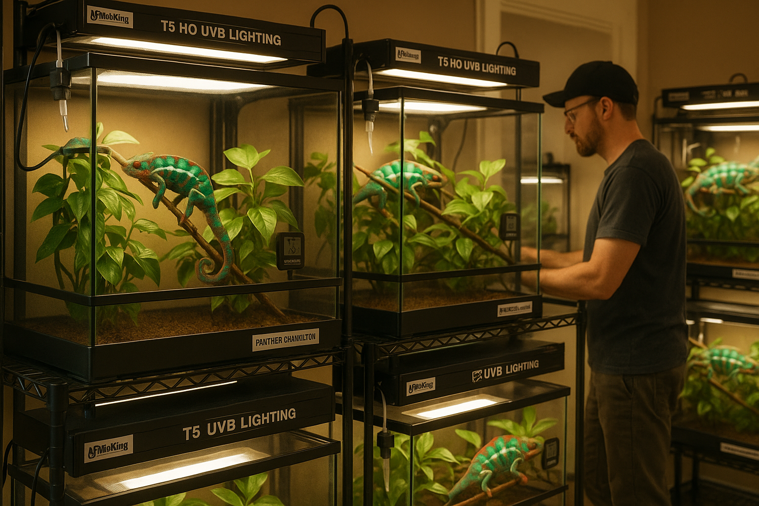 Professional reptile breeding facility interior showing multiple glass terrariums with panther chameleons, proper UVB lighting systems, mist