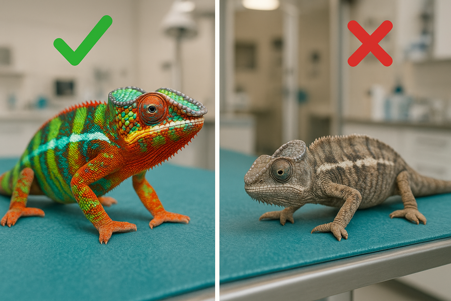 Split-screen comparison image showing healthy captive-bred panther chameleon on left (vibrant colors, alert posture, proper body condition)