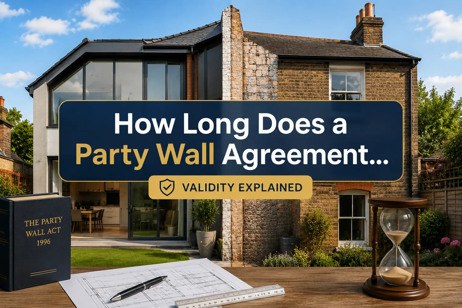 A reading "How Long Does a Party Wall Agreement…". CRITICAL TYPOGRAPHY RULES: render the text on 1–2 lines, centered, with