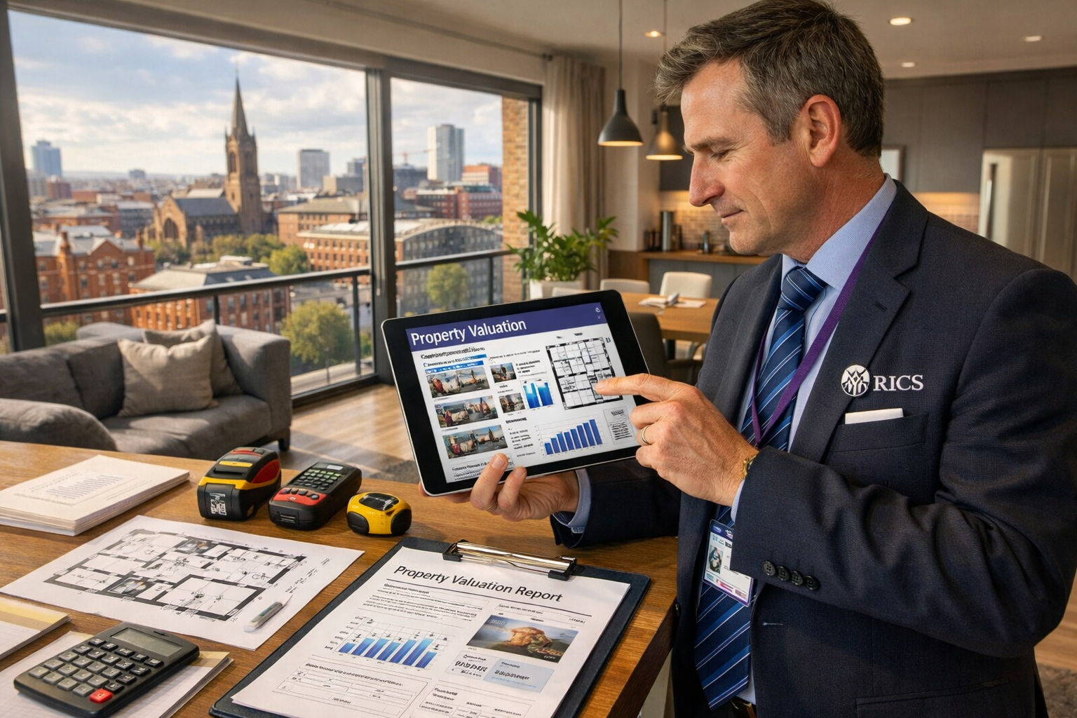 Detailed landscape format (1536x1024) professional scene showing RICS chartered surveyor conducting property valuation in modern northern En