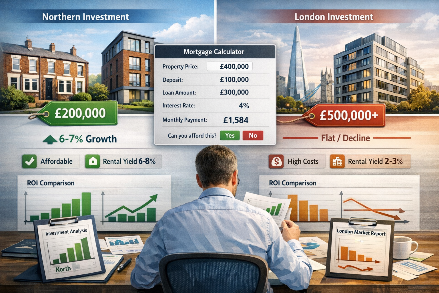 Detailed landscape format (1536x1024) strategic investment comparison visualization showing two property investment scenarios side-by-side: 