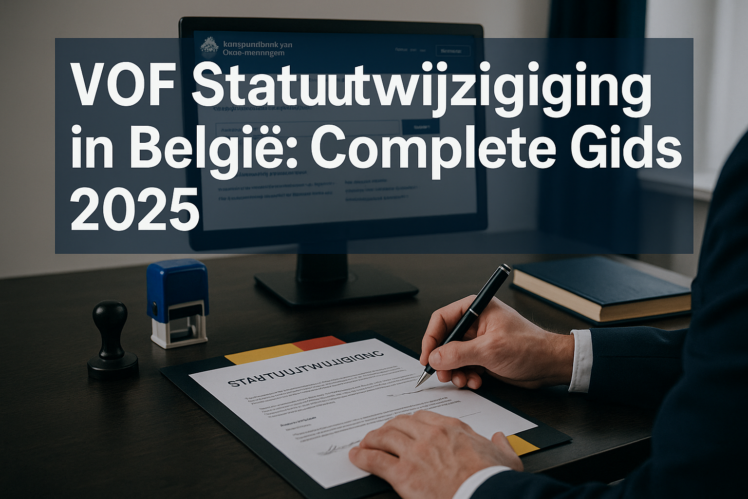 VOF Statuutwijziging in België: Alles Wat Je Moet Weten 3 Professional landscape hero image (1536x1024) featuring bold text overlay 'VOF Statuutwijziging in België: Complete Gids 2025' in extra larg