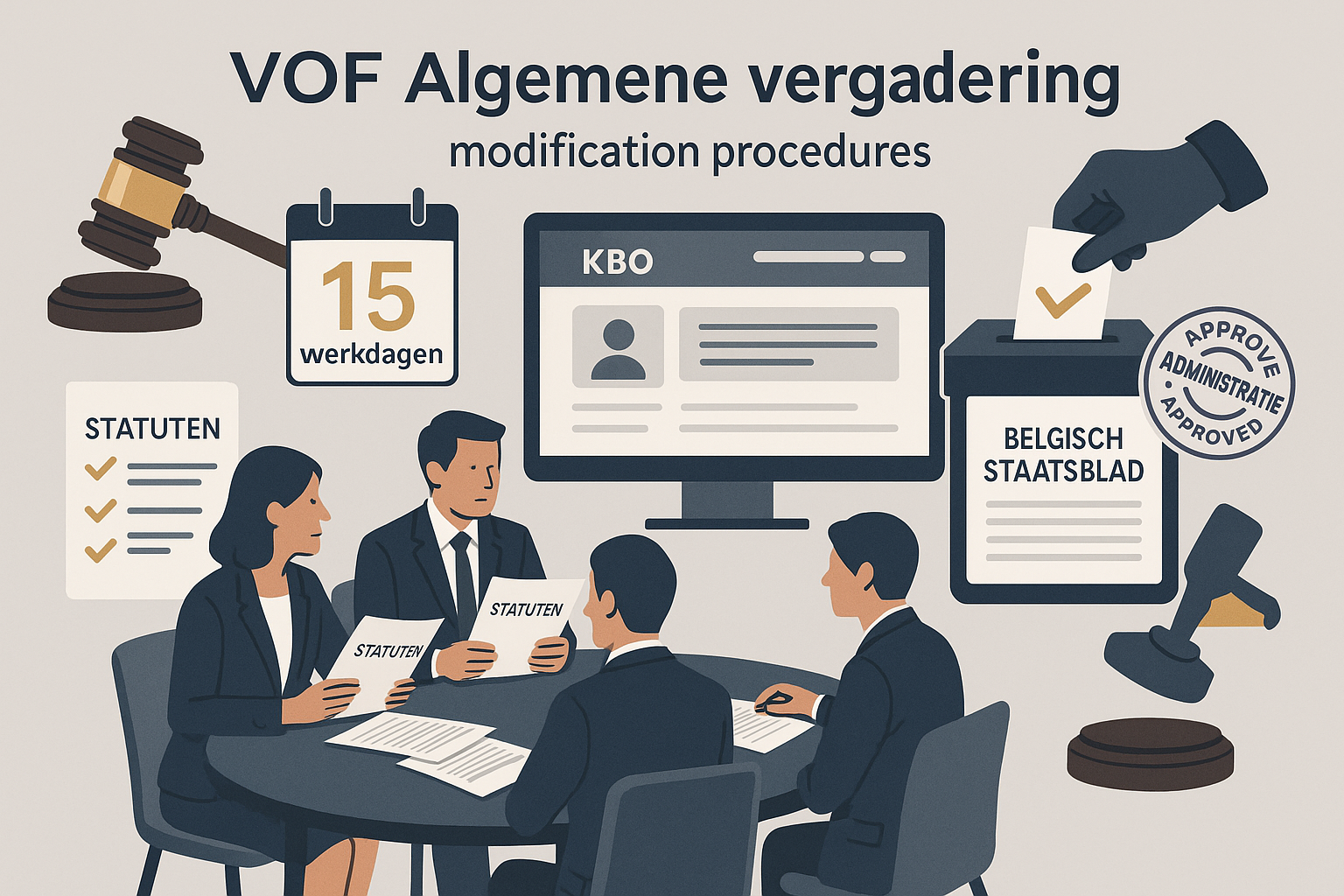 VOF Statuutwijziging in België: Alles Wat Je Moet Weten 4 Detailed conceptual illustration (1536x1024) depicting VOF algemene vergadering modification procedures with visual representation of partne