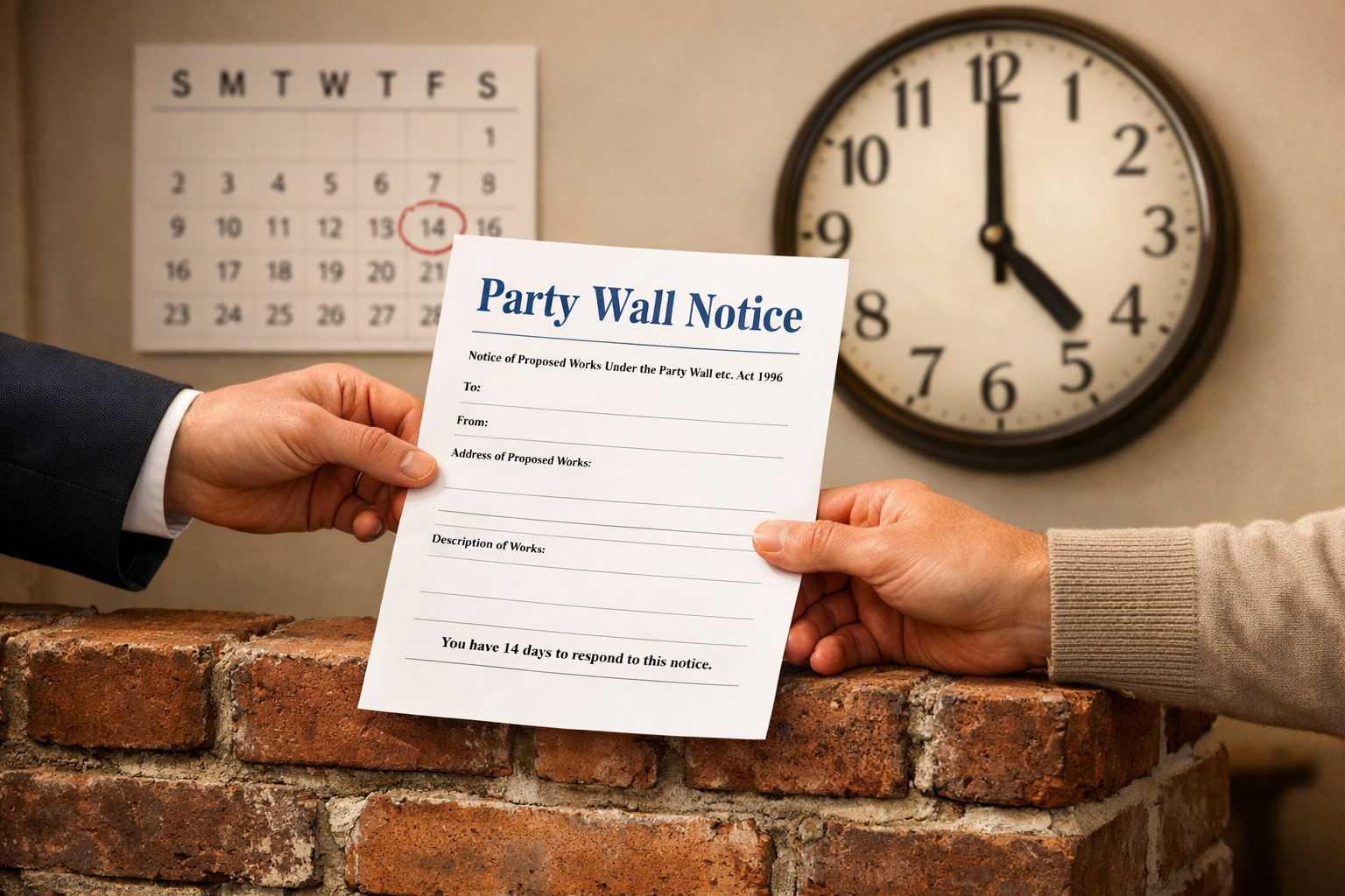() editorial image showing close-up of official party wall notice document being handed between two people across a brick