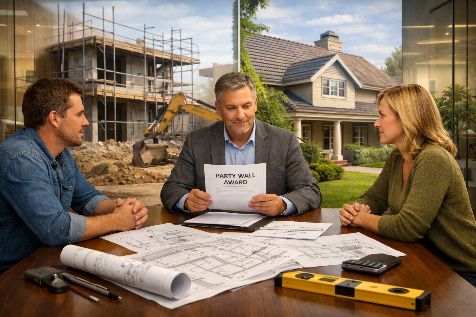 () professional image depicting mediation scene with three people seated at modern conference table: two property owners on
