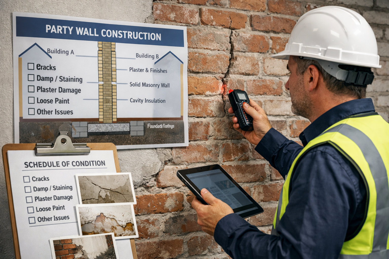 () image showing professional surveyor conducting detailed property inspection at party wall, using laser measuring device