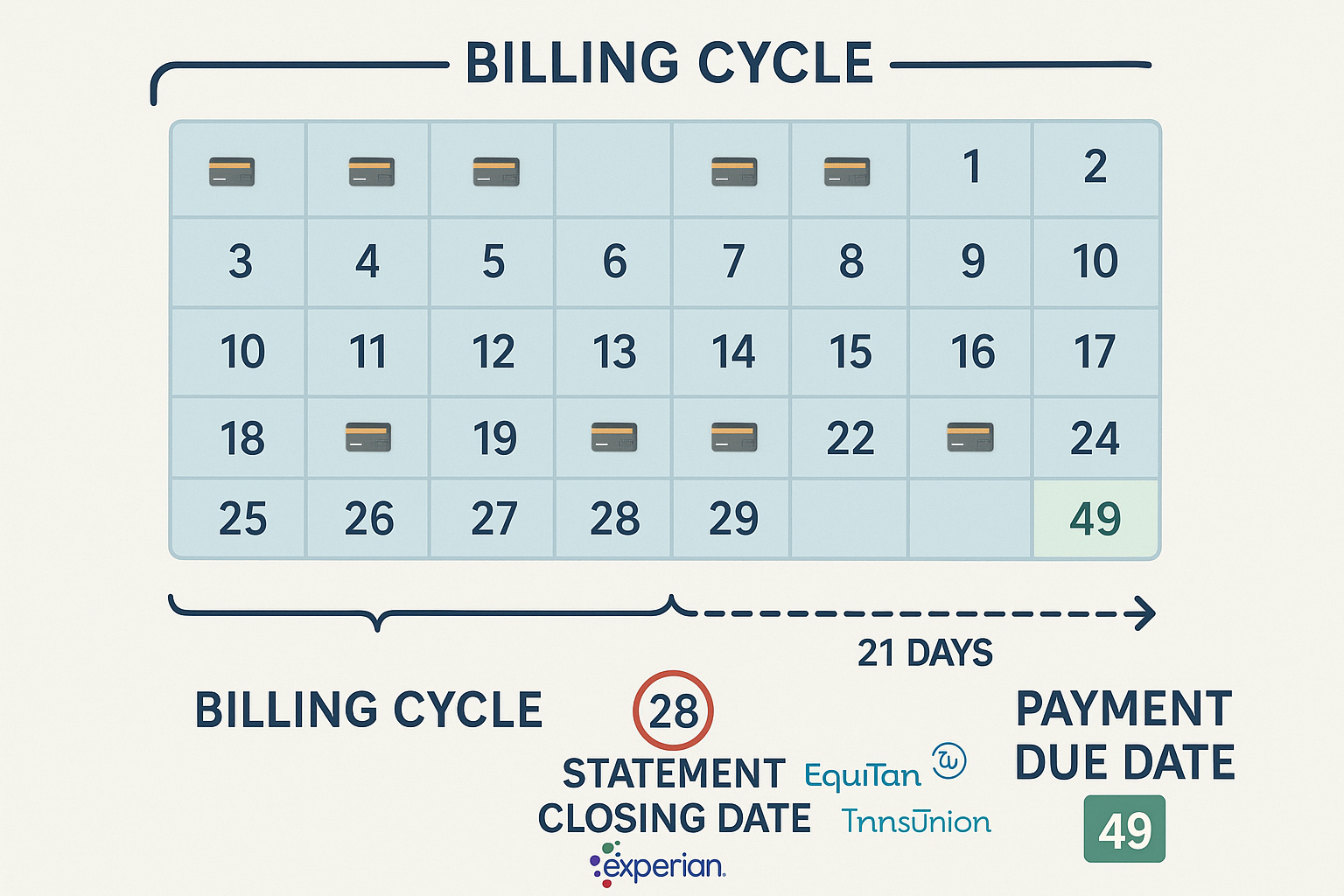 Detailed infographic illustration (1536x1024) showing visual comparison between billing cycle, statement closing date, and payment due date.