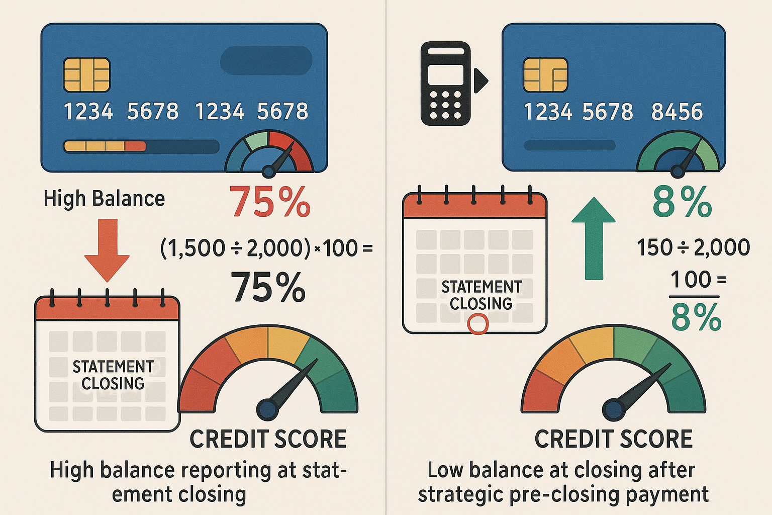 Detailed conceptual illustration (1536x1024) showing credit utilization impact on credit scores based on billing cycle timing. Split-screen