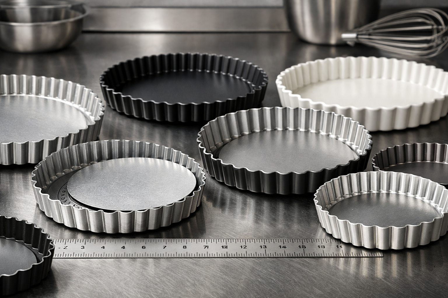 High-resolution editorial-style photograph showcasing multiple fluted tart pans in various sizes and materials (aluminum, ceramic, non-stick