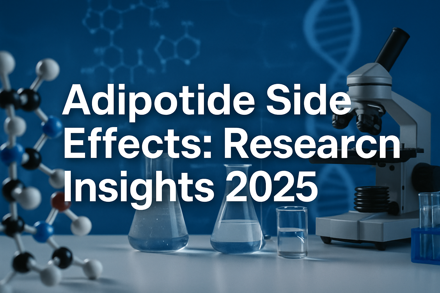 Professional landscape hero image (1536x1024) with bold text overlay 'Adipotide Side Effects: Research Insights 2025' in 70pt white sans-ser