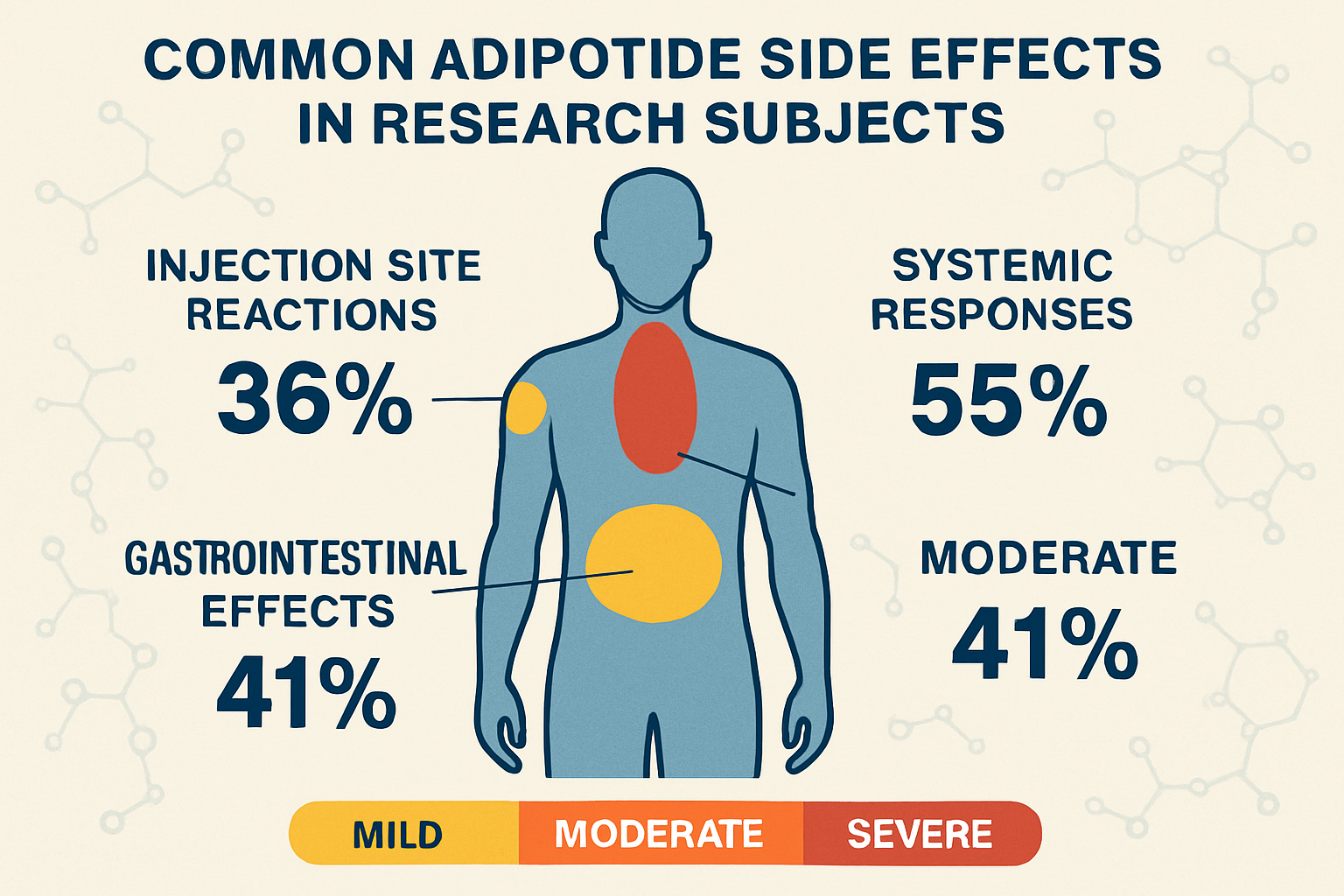 Detailed infographic showing common adipotide side effects in research subjects, featuring human silhouette with highlighted areas indicatin