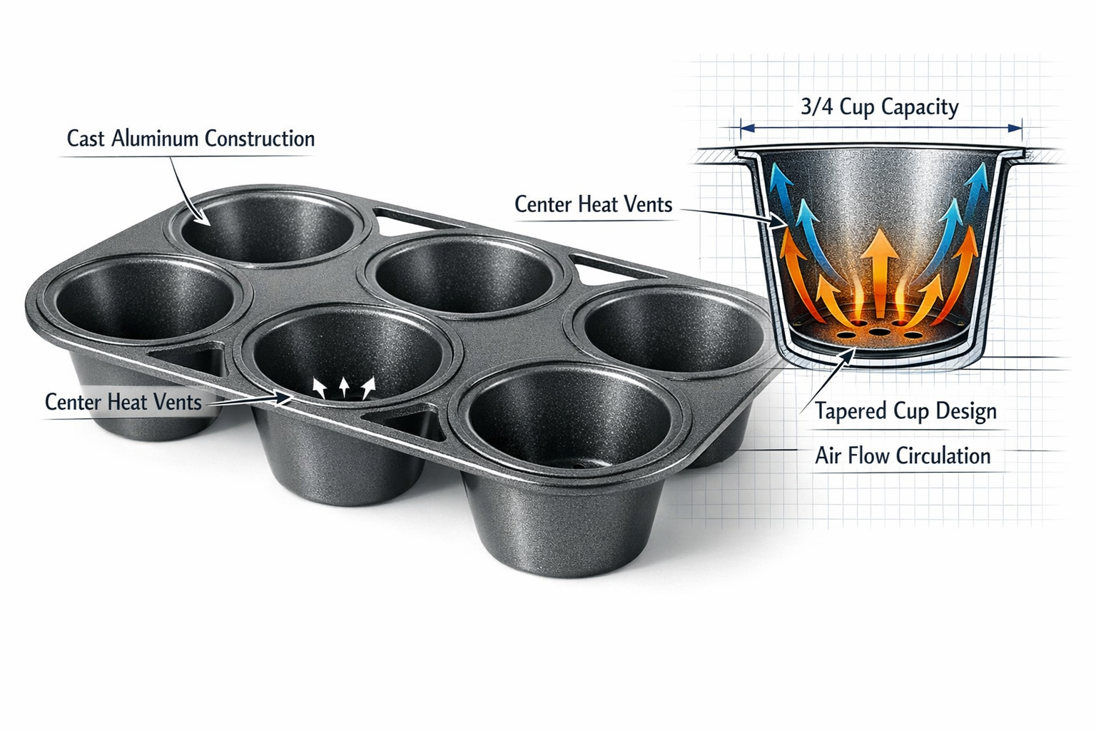 Landscape format (1536x1024) detailed close-up of Nordic Ware Grand Popover Pan showing heavy cast aluminum construction with six deep wells