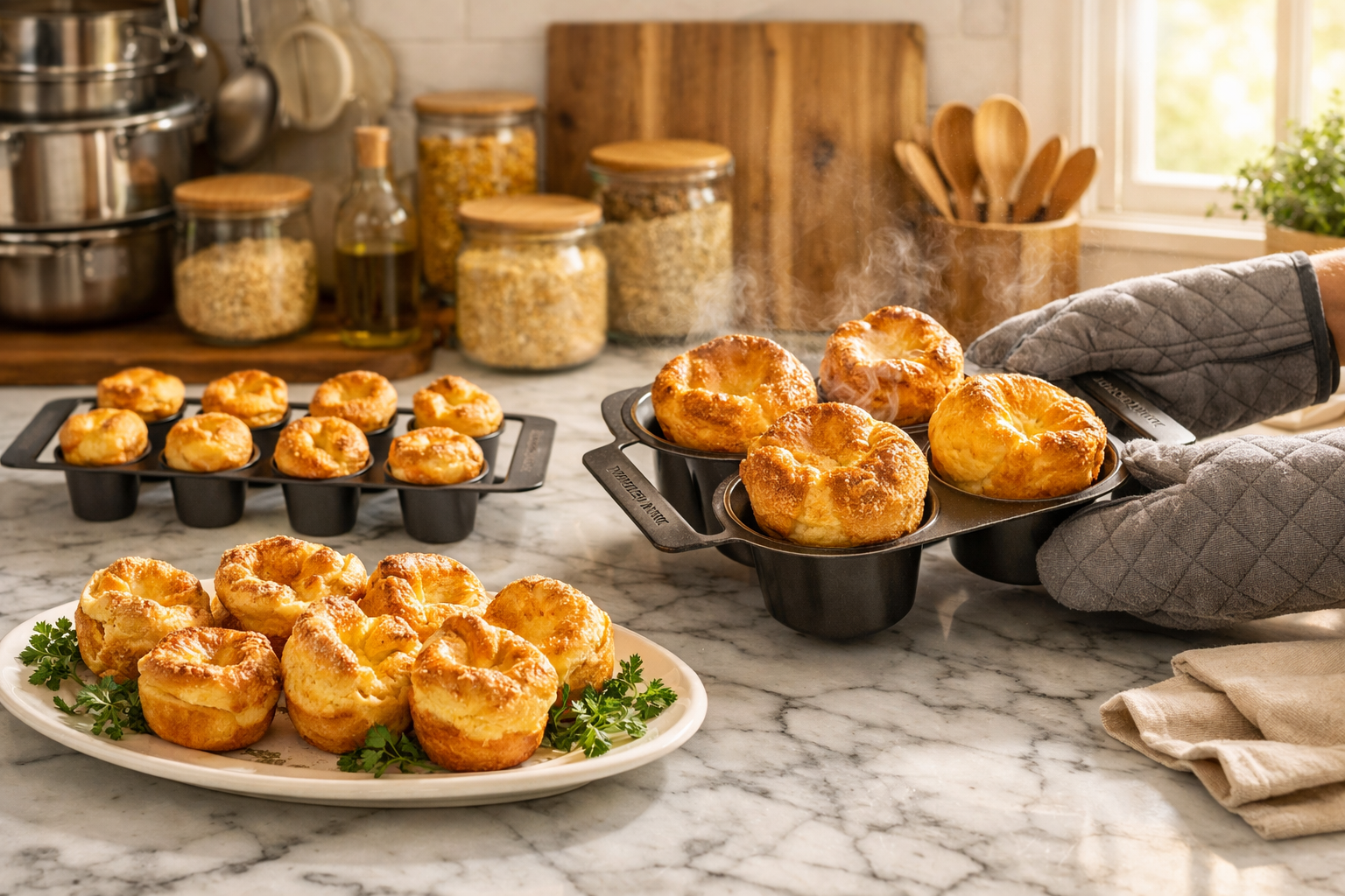 Landscape format (1536x1024) lifestyle kitchen scene showing Nordic Ware Petite Popover Pan alongside Grand Popover Pan on marble countertop