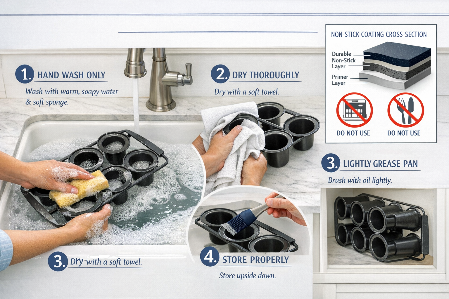 Landscape format (1536x1024) care and maintenance instructional image showing Nordic Ware popover pan being hand washed in farmhouse sink wi
