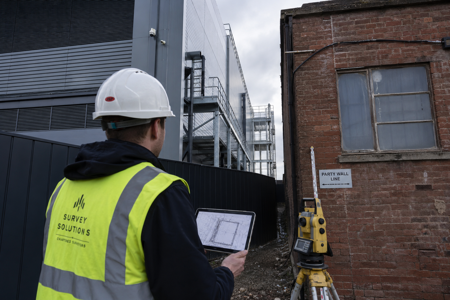Wide-angle ground-level photograph of a UK data centre construction site boundary wall with a professional surveyor in