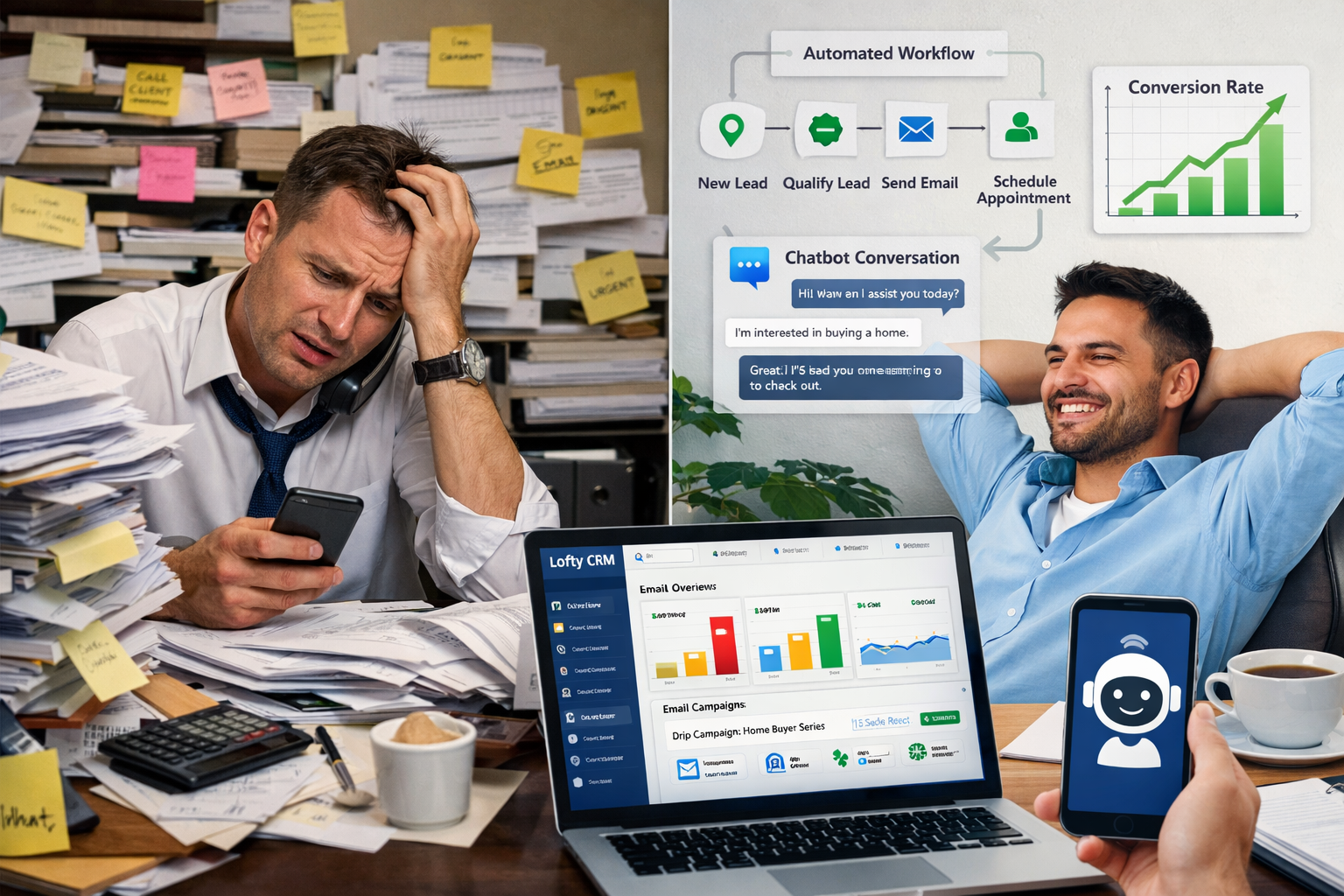 Landscape format (1536x1024) image showing split-screen comparison: left side displays traditional agent drowning in paperwork and sticky no