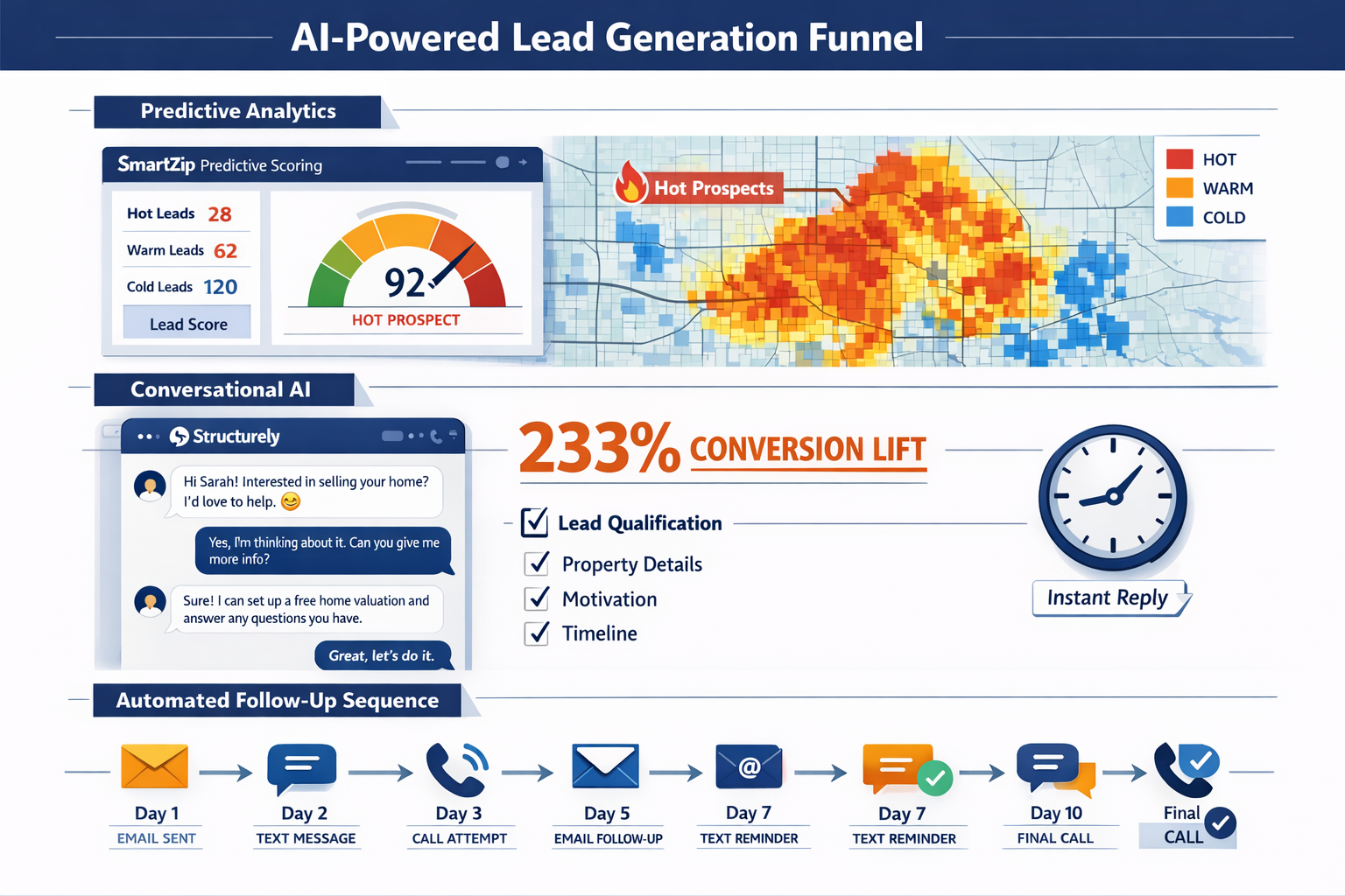 Landscape format (1536x1024) detailed infographic showing AI-powered lead generation funnel. Top section: predictive analytics map highlight
