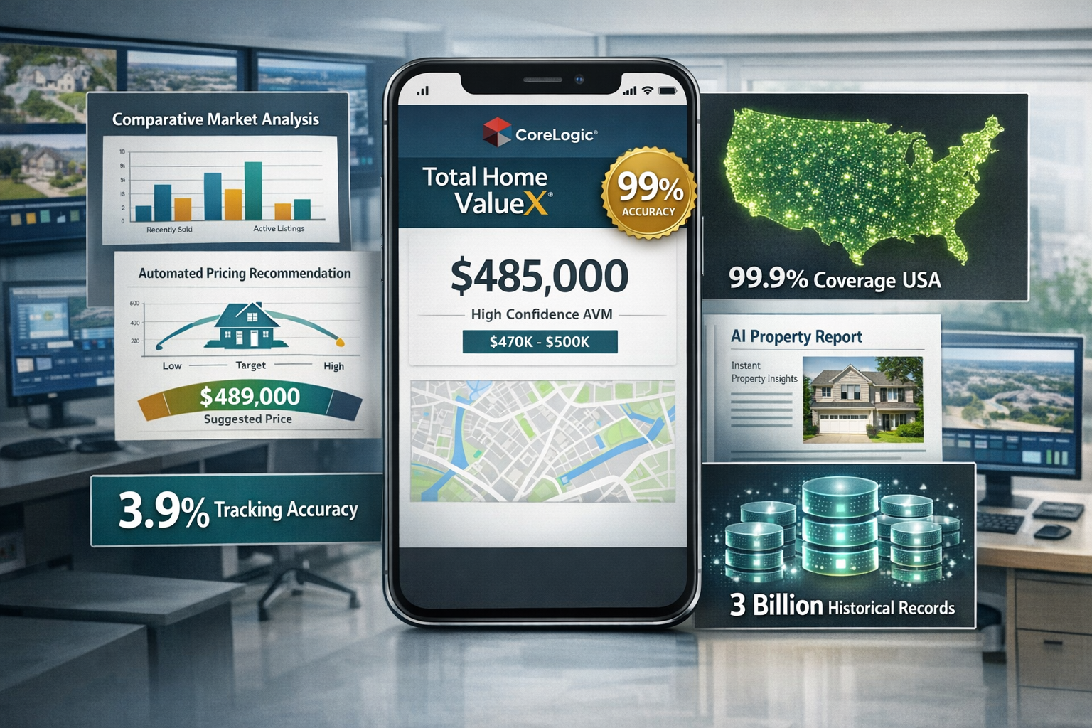 Landscape format (1536x1024) image depicting property valuation automation workflow. Center: large smartphone displaying CoreLogic Total Hom