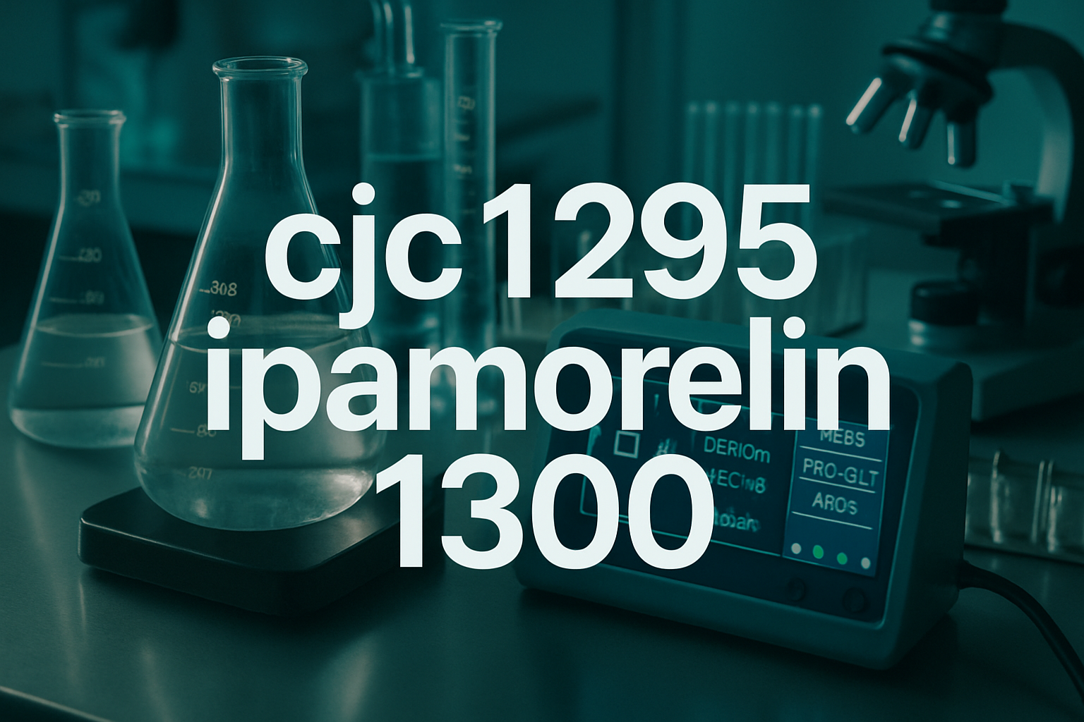 Professional landscape hero image (1536x1024) featuring bold text overlay: 'cjc1295 ipamorelin 1300' in extra large 72pt modern sans-serif w
