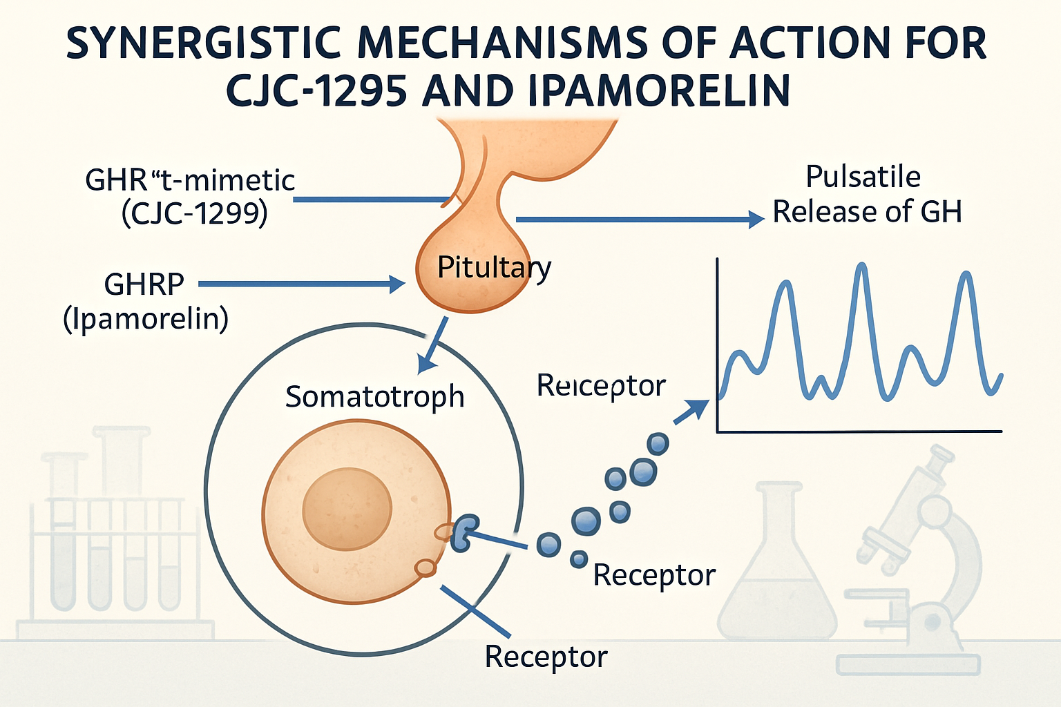 A detailed infographic illustrating the synergistic mechanisms of action for CJC-1295 and Ipamorelin in a cellular context. The image should