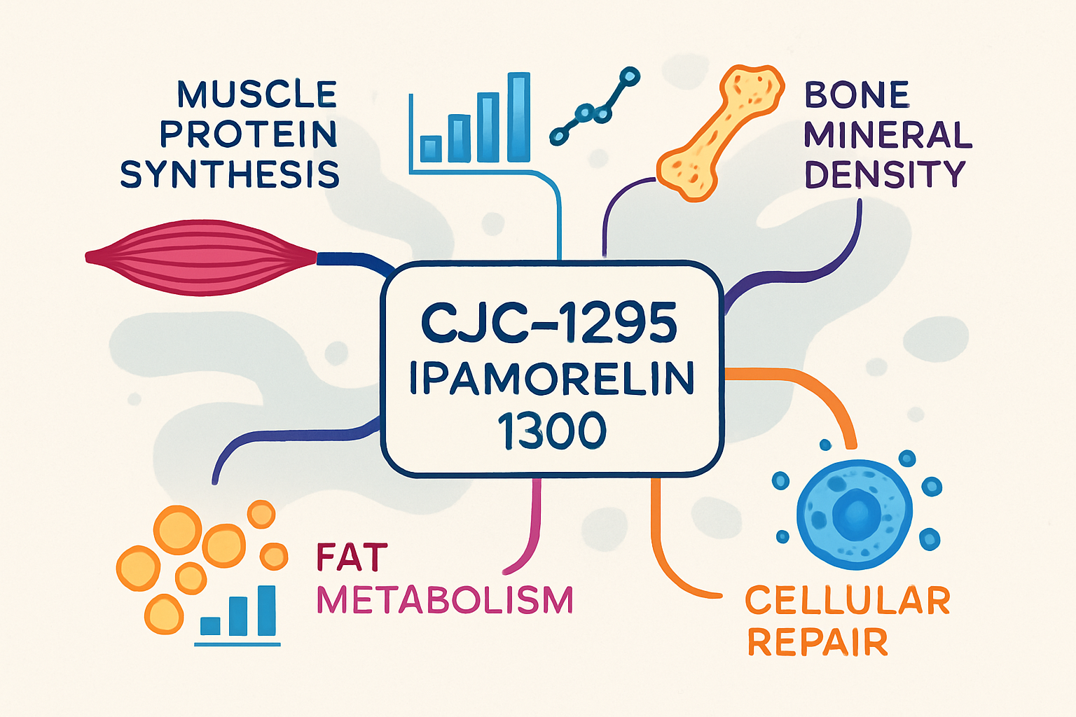 An abstract illustration of the diverse research applications and potential benefits of CJC-1295 and Ipamorelin studies, displayed as a bran