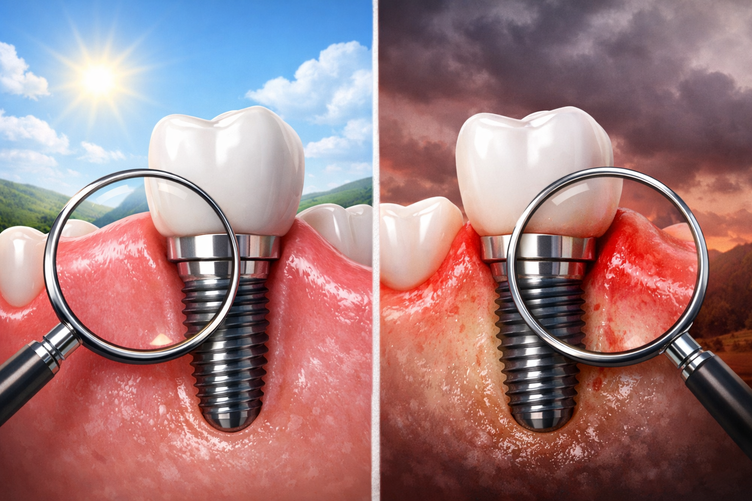 A dynamic landscape image () illustrating the distinction between a healthy dental implant and an implant showing early