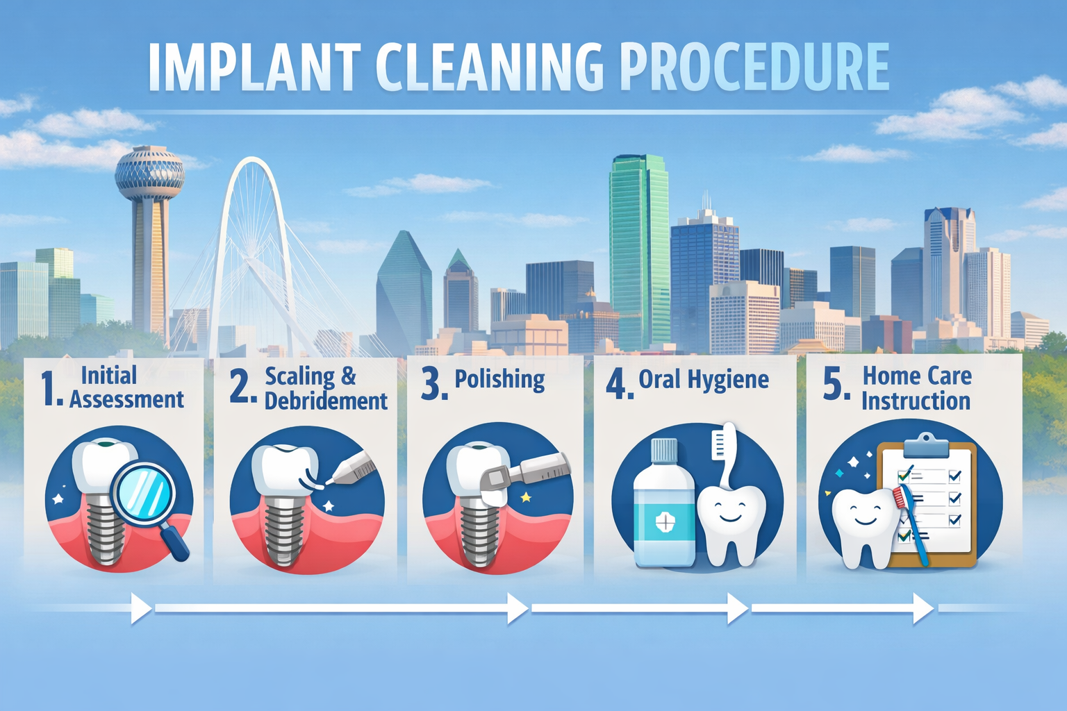 An infographic-style landscape image () depicting the step-by-step process of a professional implant cleaning procedure. Use