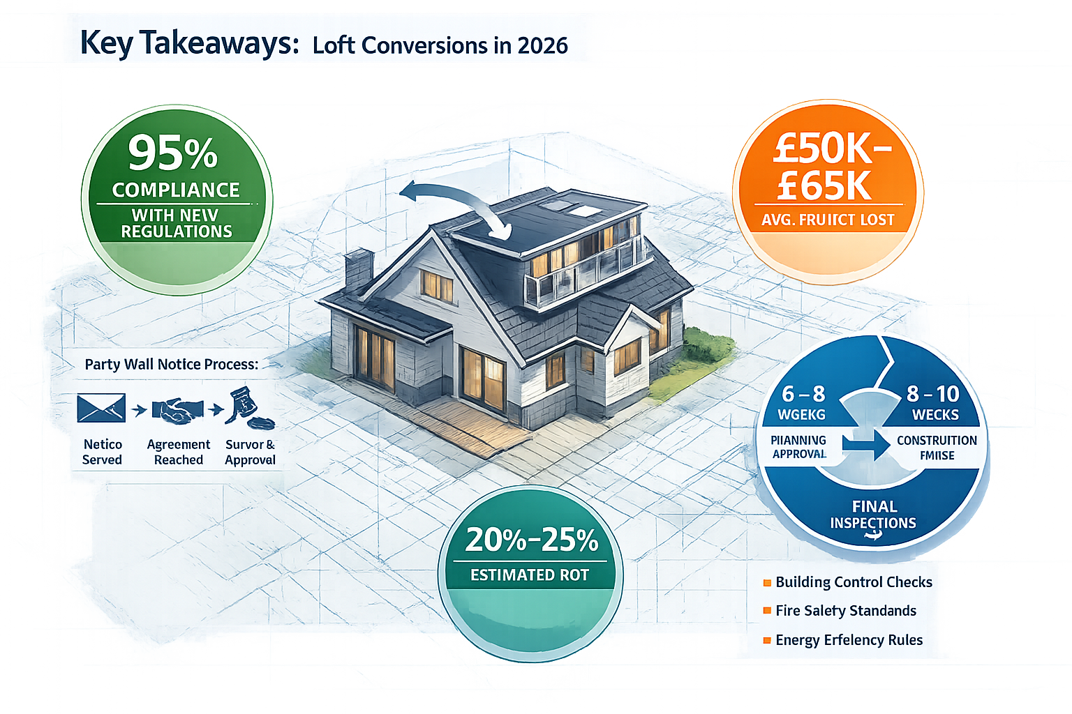 Infographic-style visual summary for 'Key Takeaways' section depicting 2026 loft conversion landscape, featuring isometric